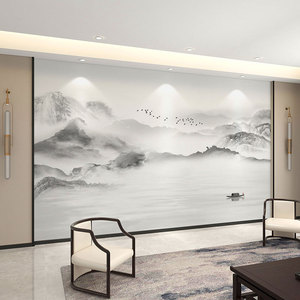 新中式现代山水电视背景墙壁纸意境水墨客厅沙发影视墙布无缝壁画