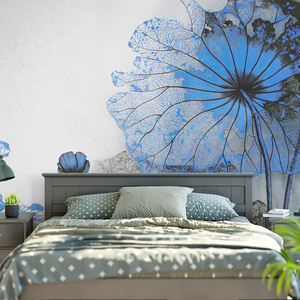 现代中式水墨蓝色荷花客厅电视背景墙壁纸中国风古典墙布定制壁画
