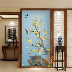 新中式花鸟玄关壁画8D走廊进门墙装饰壁布竖版鸟语花香屏风画布
