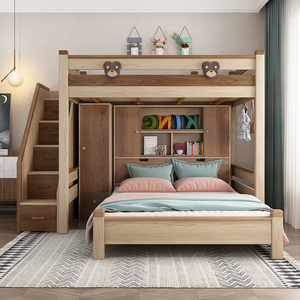 交错式上下铺错位型床书桌一体上床下柜上下床小户型高架床实木