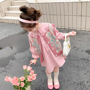 女童春装连衣裙套装洋气儿童装针织马甲裙子韩版小女孩公主裙5岁