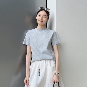 极简灰色纯棉T恤女短袖半高领后缝线设计外穿宽松中领半袖体恤衫