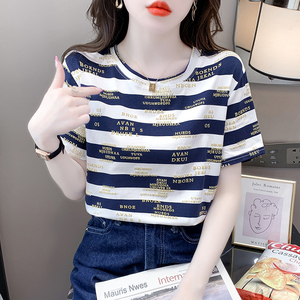 纯棉t恤女士半袖2023年夏季韩版新款条纹短袖体恤衫宽松上衣服装