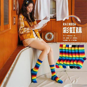 高筒彩虹袜彩色女士条纹堆堆袜子韩版运动长筒潮袜ins时尚街拍袜