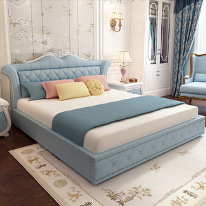 欧式床双人床主卧室简欧布床蓝色布艺床简约现代1.8米儿童床男孩
