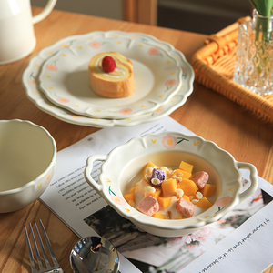 舍里手绘田园风高颜值陶瓷盘子碗家用一人食餐具套装创意花边小碗