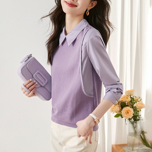 紫色时尚翻领卫衣女2024春秋新款条纹长袖小衫拼接假两件衬衫上衣