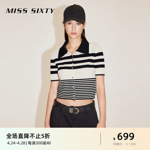 Miss Sixty2024春季新款针织外套女黑白撞色条纹polo领短袖复古风
