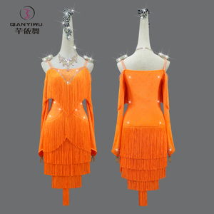 2024新款橙色拉丁舞蹈专业比赛服装高级流苏表演出连衣裙solo花服