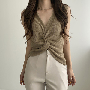 韩版夏季小心机气质针织衫背心交叉扭结v领设计两穿无袖短上衣女