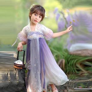 女童紫色汉服古风超仙夏季短袖儿童小女孩古装女宝唐装襦裙连衣裙