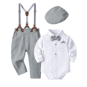 婴儿纯棉春装周岁套装男宝宝西服帽子背带西装新生儿满月百日礼服