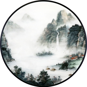 苏绣成品挂画客厅新中式玄关现代装饰画山水画真丝画圆形手工刺绣