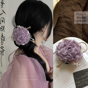 原创紫色花朵发夹2023年新款潮气质温柔小众设计后脑勺发卡顶夹子