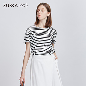 ZUKKA PRO卓卡女装春夏季时尚黑白条纹修身棉圆领短袖打底T恤上衣