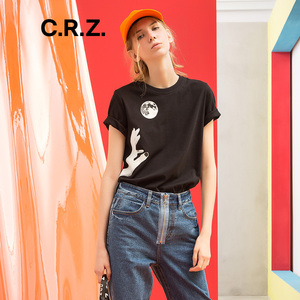 正品CRZ潮牌女装春专柜新款纯棉圆领复古休闲短袖T恤女CDL2T151