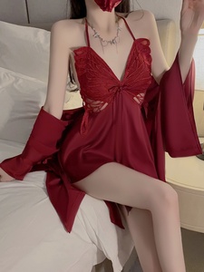 维多利亚显瘦冰丝吊带睡裙带胸垫女款红色蝴蝶禁欲系睡衣袍居家服