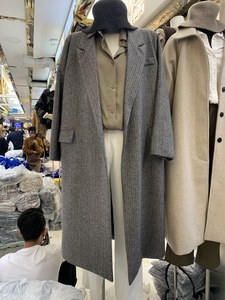 MEONE条纹呢子大衣女2021冬季新款复古宽松显瘦中长款西