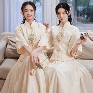 出租中式伴娘服长款秋冬新款显瘦婚礼伴娘团姐妹裙中国风姊妹礼服