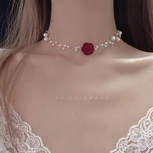 Still【复古玫瑰】多层珍珠项链女红色精致choker装饰短款颈链