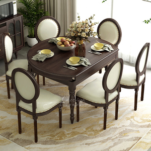 美式餐桌可伸缩折叠家用纯实木餐桌椅组合乡村复古餐厅圆形桌子