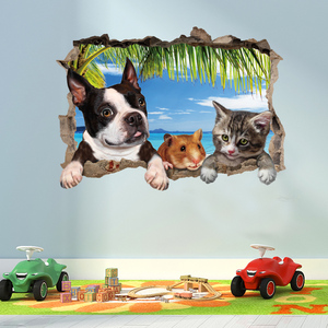 儿童房幼儿园装饰卡通动物墙贴纸3D立体效果破墙狗狗猫咪贴画平面