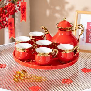 欧式喜庆杯子套装结婚礼品高颜值红色陶瓷茶具客厅茶杯水杯礼盒装