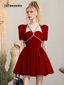 法式红色连衣裙女2023年夏季新款钉珠复古气质优雅收腰小礼服
