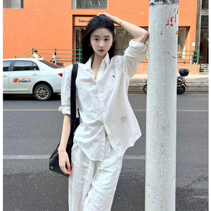棉麻女高端套装休闲运动白色衬衫夏季时尚亚麻衬衣慵懒松弛感穿搭