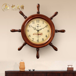美式实木舵手挂钟客厅家用时尚创意中式复古装饰时钟个性船舵壁钟