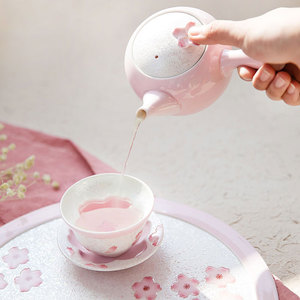 现货一丁目日本进口有田烧田清窑立体樱花手绘珍珠釉下彩茶壶茶杯