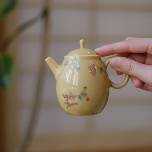 小谦山房娇黄粉彩花卉仿古陶瓷壶泡茶办公室一人喝小茶壶功夫茶具