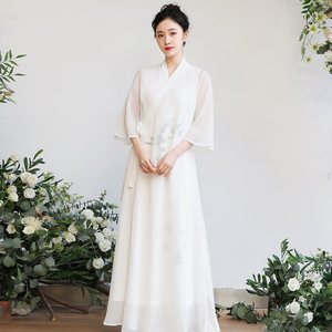 中国风女装新中式改良汉服茶服禅服女佛系禅意白色仙气古风连衣裙