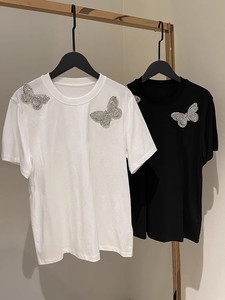 幸运与蜕变 华家夏日新款手工立体水钻蝴蝶T恤短袖白色黑色2024