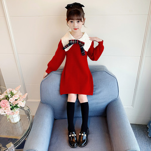 女童连衣裙秋冬2024新款红色童装小女孩洋气冬季时髦儿童新年裙子