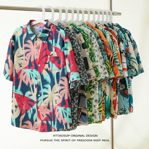HTTAOSUP夏季椰树印花短袖花衬衫男女街头宽松情侣夏威夷沙滩衬衣