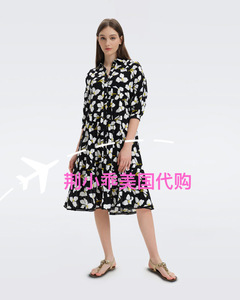 【清】荆小乖美国代购女装DVF黑白花朵剪影棉质印花连衣裙Luna