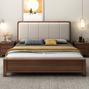 新中式胡桃木床实木1.8米软靠双人床简约现代主卧高箱储物床1.5米