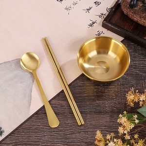 黄铜碗筷勺三件套家用餐具摆件中式家居装饰金属工艺品送人套装