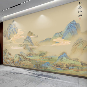 新中式客厅电视背景墙壁纸自粘千里江山图壁画餐厅饭店茶室3d贴画