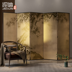 金箔中式古典手绘简易实木屏风隔断玄关客厅茶室装饰遮挡折叠移动