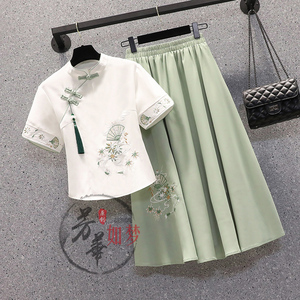 夏季民国风女装改良汉服女两件套民族风套装中国风茶服茶艺师服装