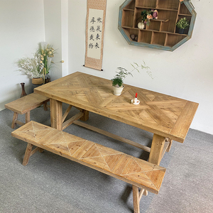 美式复古做旧实木餐桌大板桌子家用多人长方形框架组装原木色桌椅