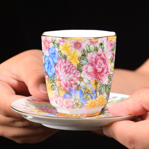 陶生活珐琅彩茶具陶瓷品茗杯手绘扒花粉彩万花主人杯单杯功夫茶杯