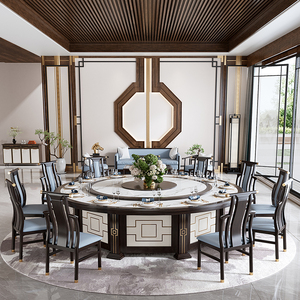 新中式实木餐桌电动转盘大圆桌2米岩板圆形电磁炉饭店吃饭桌15人