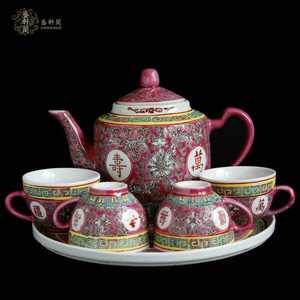 景德镇文革瓷器老厂货陶瓷粉彩手绘万寿无疆6头茶具釉上彩收藏