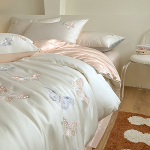 轻奢美式100S天丝棉蝴蝶刺绣四件套夏季凉感冰丝被套床单床上用品
