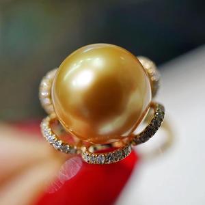 新款南洋金色珍珠戒指s925银镀金女款正圆大颗粒浓金珍珠活口戒指