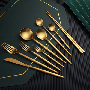 高档304不锈钢刀叉筷套装欧式西餐餐具家用牛排刀叉勺金色咖啡勺