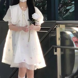 夏季新款日系甜美超仙拼接网纱泡泡袖连衣裙学生宽松娃娃领公主裙